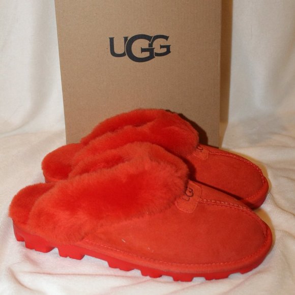 NIB UGG WOMEN'S COQUETTE SUEDE SHEARLING SLIP ON SLIPPERS‎ RED PEPPER - Picture 2 of 8